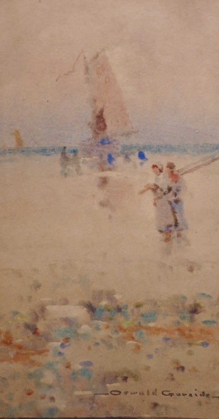 Oswald Garside RI, (1879-1942), watercolour, Fisherfolk along the coast, signed, 21 x 11cm